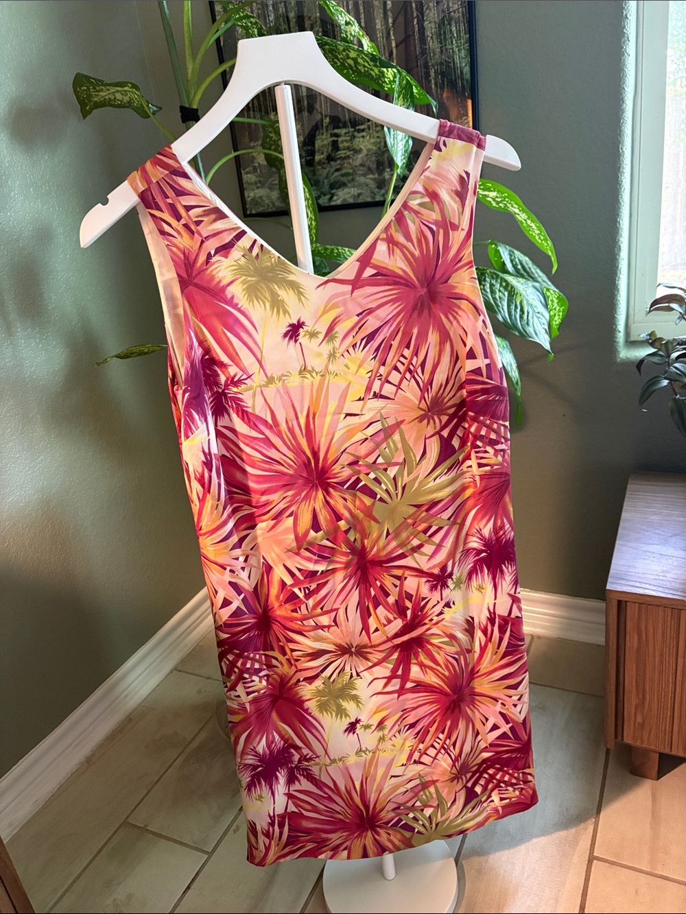 Vintage Silk Tommy Bahama Pink Tropical Palm V-Neck Midi Dress